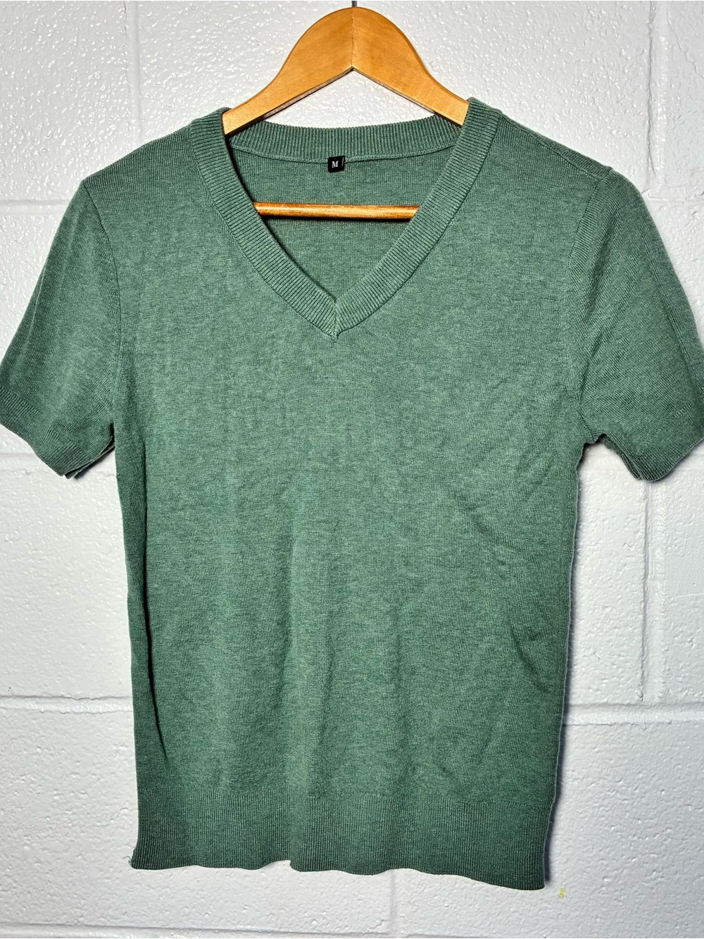 V-Neck Wool blend Short Sleeve Knit Top - Green